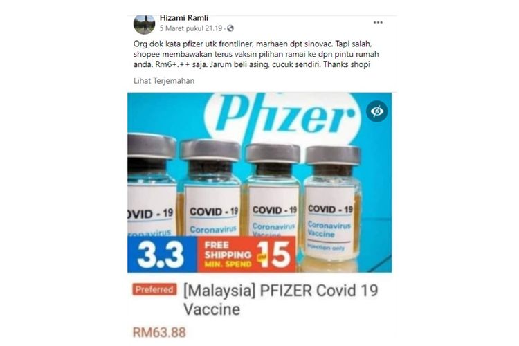 Tangkapan layar unggahan hoaks yang berisi foto vaksin Covid-19 Pfizer dijual di Shopee Malaysia