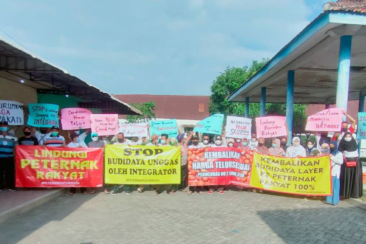 Aksi para peternak ayam layer di terminal Sambi, Kabupaten Kediri, Jawa Timur, Jumat (1/10/2021).