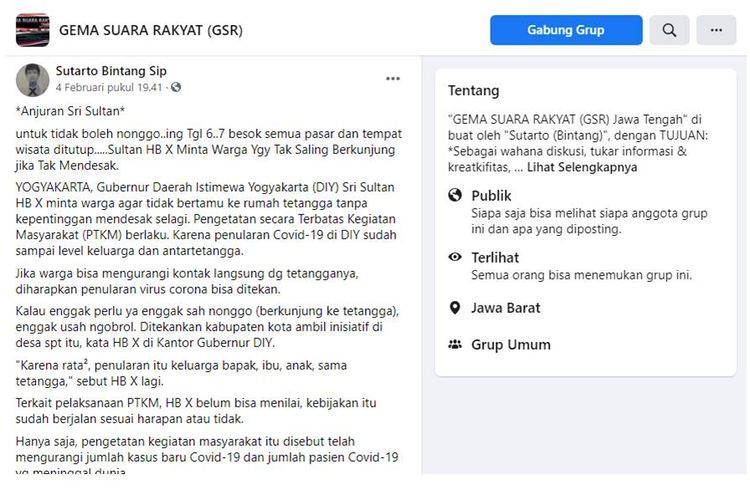 Tangkapan layar pesan hoaks tentang pasar dan tempat wisata tutup 6-7 Februari di Jogja.