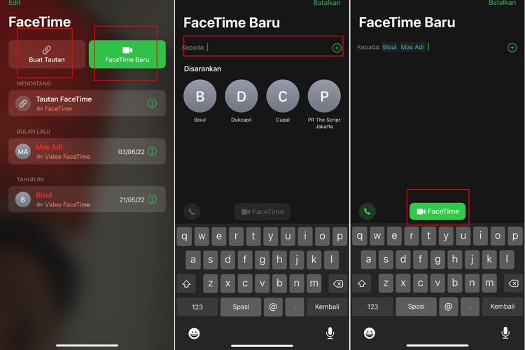 Ilustrasi cara melakukan panggilan grup FaceTime di iPhone