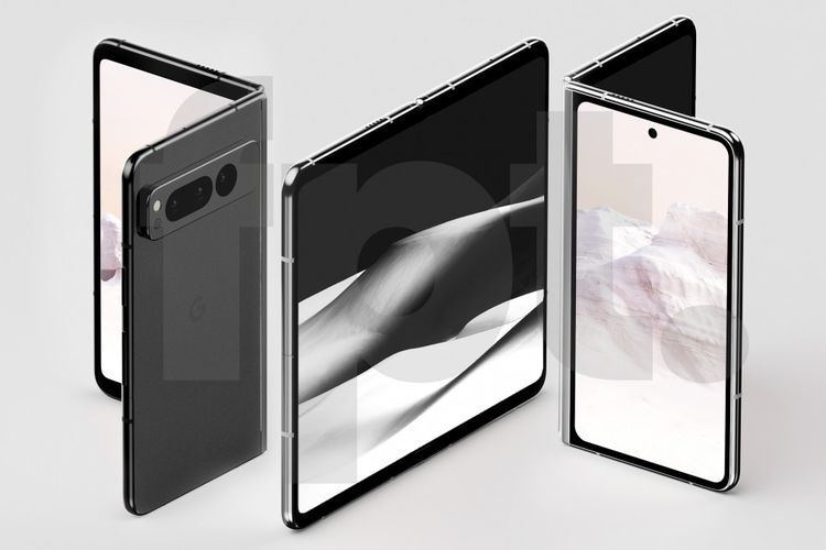 Ilustrasi ponsel lipat Google Pixel Fold dalam gambar render 3D.