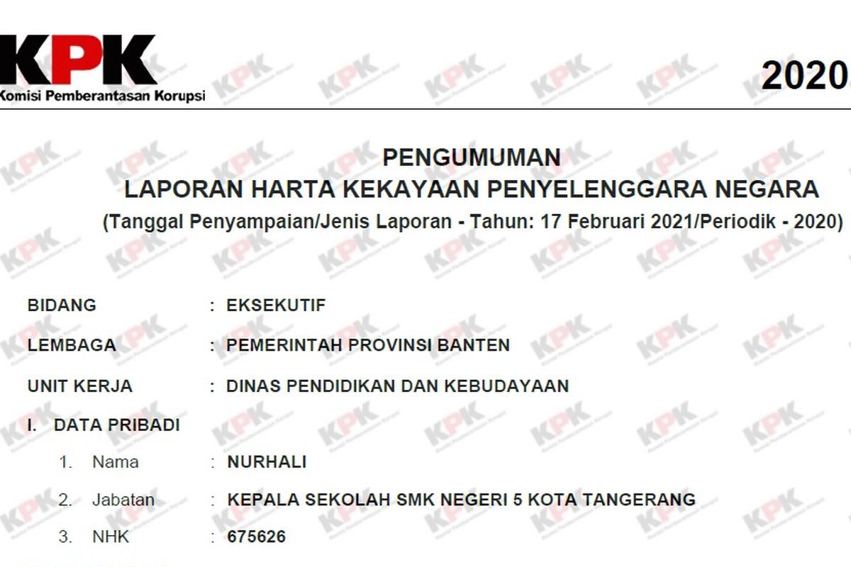 Tangkapan layar dokumen LHKPN yang dilaporkan Kepala SMKN 5 Kota Tangerang Nurhali.