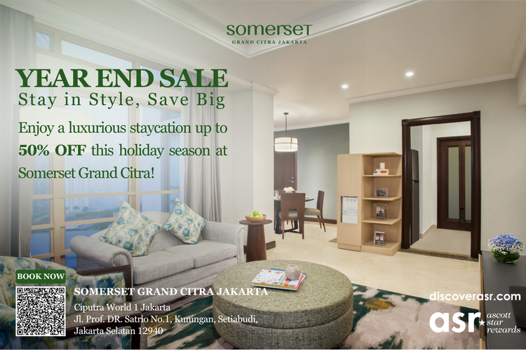 Somerset Grand Citra Jakarta memberikan potongan harga spesial liburan akhir tahun hingga 50 persen untuk setiap pemesanan kamar.