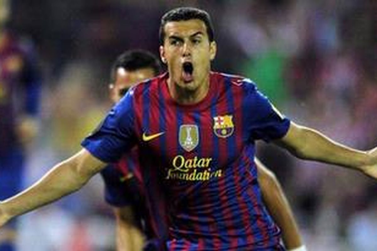 Bomber Barcelona, Pedro Rodriguez, merayakan golnya ke gawang Athletic Bilbao dalam final Copa Del Rey di Stadion Vicente Calderon, Madrid, Jumat atau Sabtu (26/5/2012) dinihari WIB. 