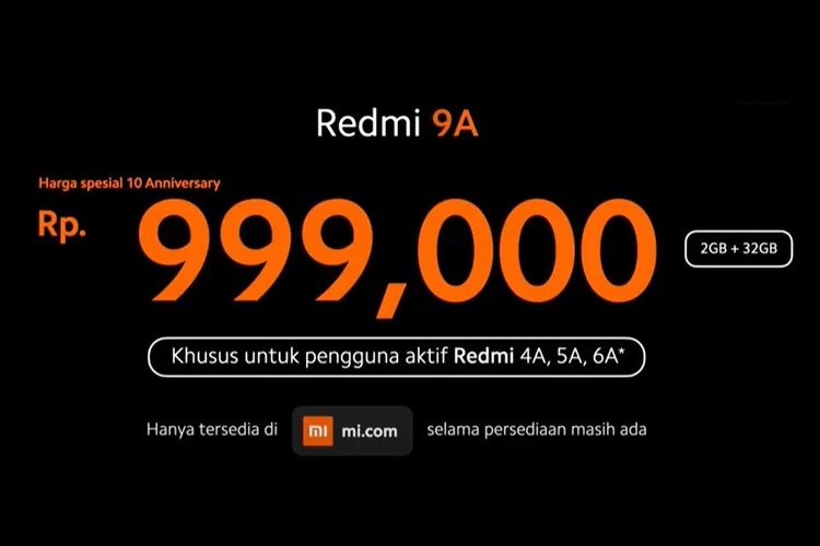 Pengumuman Redmi 9A yang dijual di bawah Rp 1 juta.