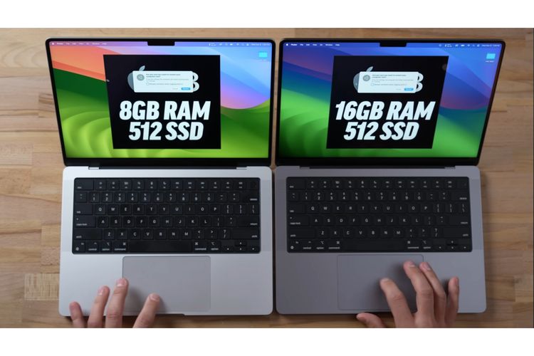 MacBook Pro 14 inci dengan chip M3 dan kapasitas RAM 8 GB/512 GB versus varian RAM 16GB/512 GB.
