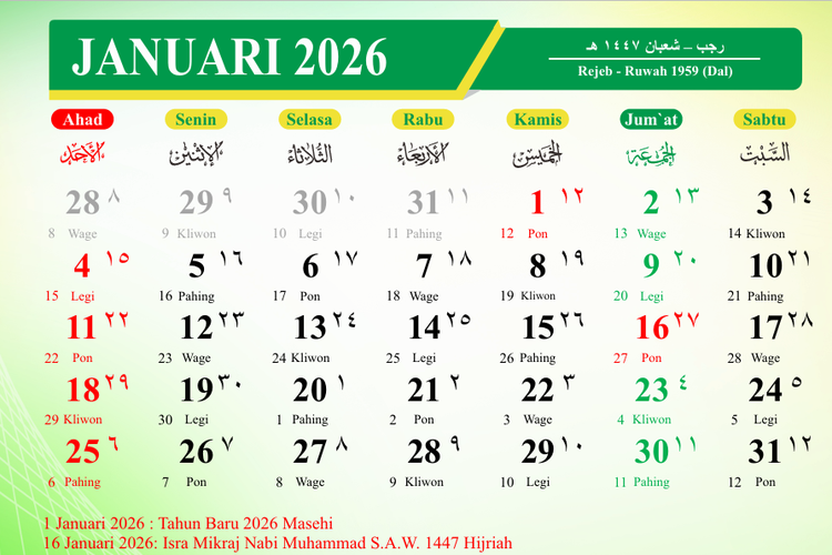 Kalender 2026. Temukan kalender Jawa 2026 lengkap dengan weton, pasaran, dan wuku. Kalender ini menunjukkan penanggalan Jawa yang biasa digunakan dalam kegiatan tradisional. 