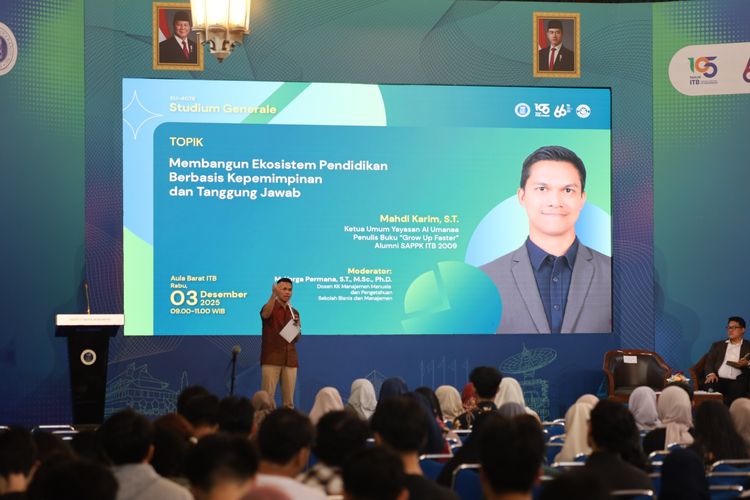 Ustaz Mahdi Karim, pimpinan Ponpes Al Umanaa Sukabumi, sekaligus alumni PWK ITB 2009, menghadirkan perspektif baru tentang bagaimana kepemimpinan lahir dari keberanian memikul amanah, dalam Stadium Generale bertema ?Membangun Ekosistem Pendidikan Berbasis Kepemimpinan dan Tanggung Jawab?, di Aula Barat Institut Teknologi Bandung (ITB), Bandung Rabu (3/12/2025). 