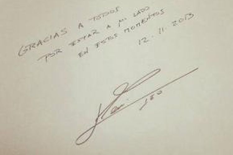 Kartu ucapan terima kasih dari Lionel Messi kepada suporter atas dukungan terhadapnya berkaitan dengan cedera otot paha yang ia alami pada Minggu (10/11/2013). Kartu ucapan itu ditampilkan di akun Facebook-nya.