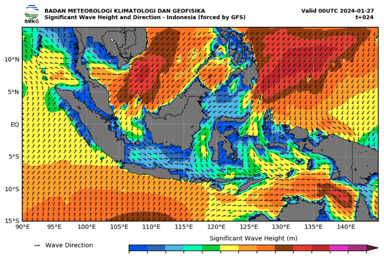 Peta prakiraan gelombang tinggi di wilayah perairan di Indonesia Sabtu (27/1/2024)