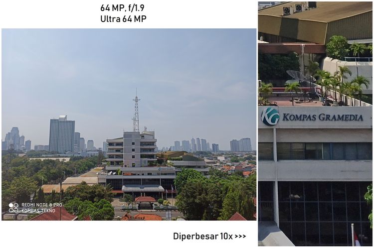 Hasil foto kamera utama 64 MP Redmi Note 8 Pro. Mode Ultra 64 MP pada Redmi Note 8 Pro memungkinkan ponsel menjepret gambar dengan resolusi aslinya. Tampak pada gambar sebelah kanan, teks Kompas Gramedia yang tadinya tidak terlihat di gambar sebelah kiri bisa terlihat dengan jelas, bahkan ketika gambar diperbesar hingga 10 kali.