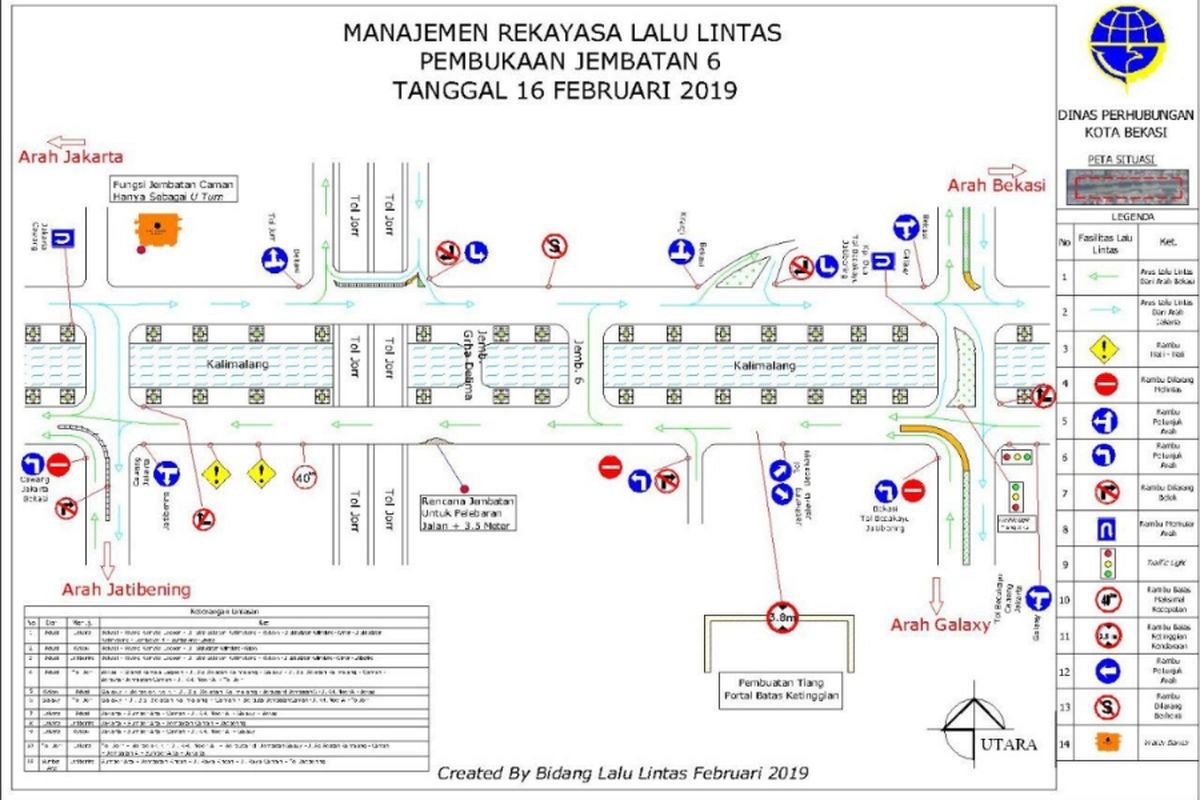 Denah perubahan arus lalu lintas di Jembatan 6, Jalan KH. Noer Ali, Bekasi Selatan, Minggu (17/2/2019).