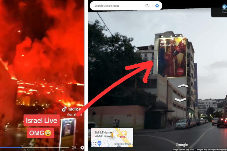 Tangkapan layar Google Maps menampilkan papan reklame di Rie Lahcen MIMOUNI, Kota Algiers, Aljazair.
