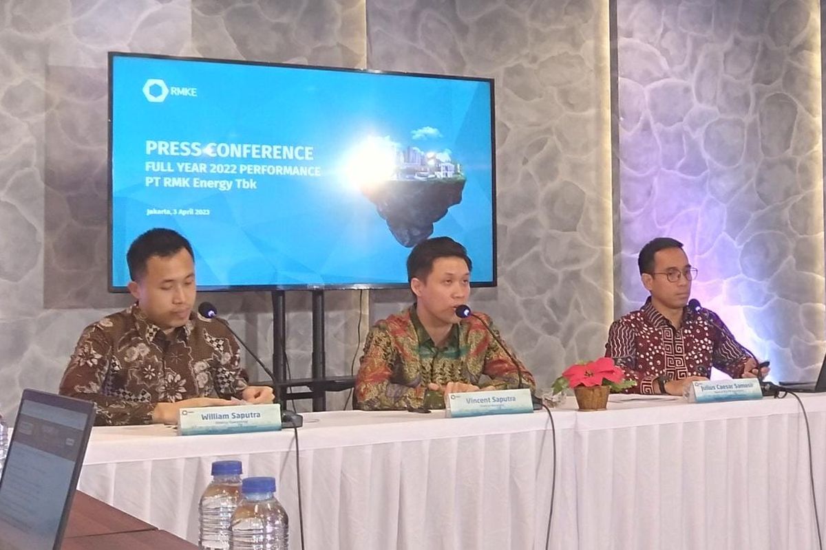 Paparan kinerja keuangan PT RMK Energy (RMKE) sepanjang tahun 2022 di Jakarta, Senin (3/4/2023).