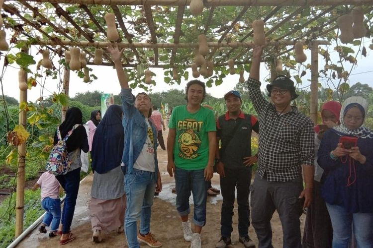 Pengunjung berpoto di gerbang buah labu