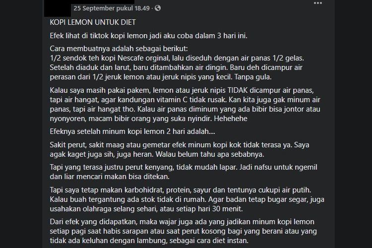 Tangkapan layar hoaks kopi lemon berkhasiat menurunkan berat badan