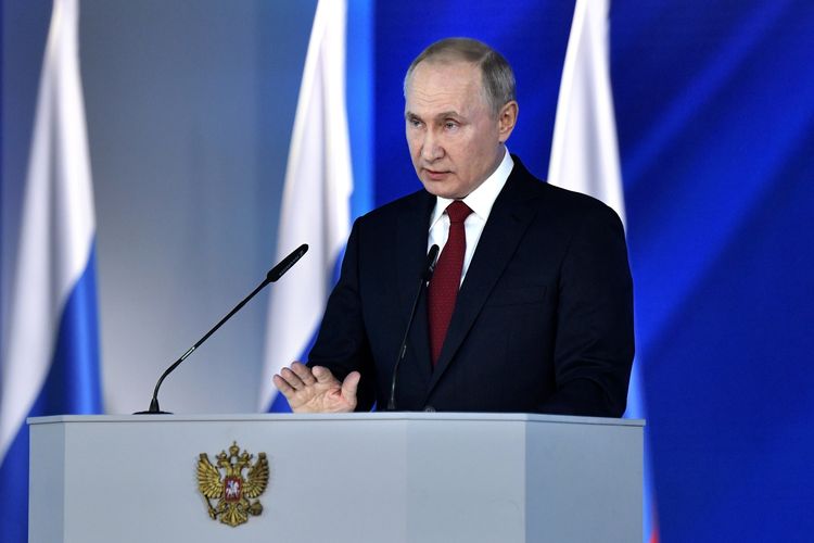 Presiden Rusia Vladimir Putin memberikan pidato kenegaraan dalam Pertemuan Federal di Aula Manezh, tengah Moskwa, pada 15 Januari 2020.