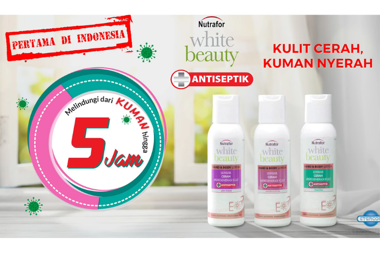 Nutrafor White Beauty Hand & Body Lotion berfungsi sebagai antiseptik yang mampu membunuh kuman dan mencerahkan kulit.