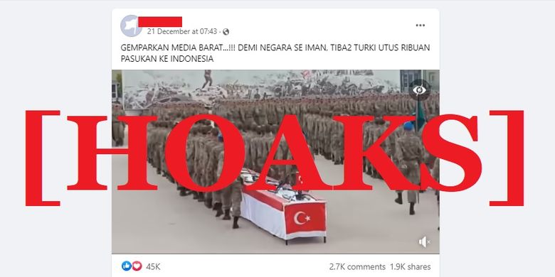 Tangkapan layar Facebook narasi yang menyebut bahwa Turki mengirimkan pasukan ke Indonesia untuk membantu merebut Pulau Pasir