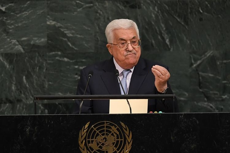 Presiden Palestina Mahmoud Abbas saat berbicara di forum PBB, September 2017.