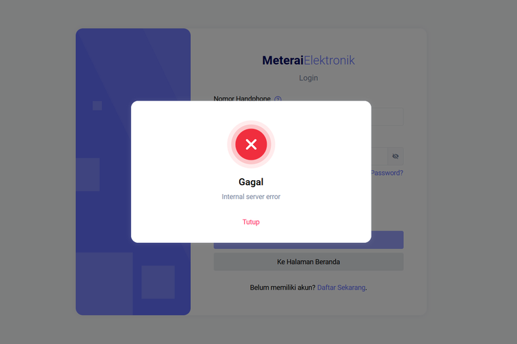 Tampilan website meterai-elektronik.com yang tidak dapat dipakai buat login akun pada Kamis dini hari (5/9/2024), sekitar pukul 05.00 WIB.