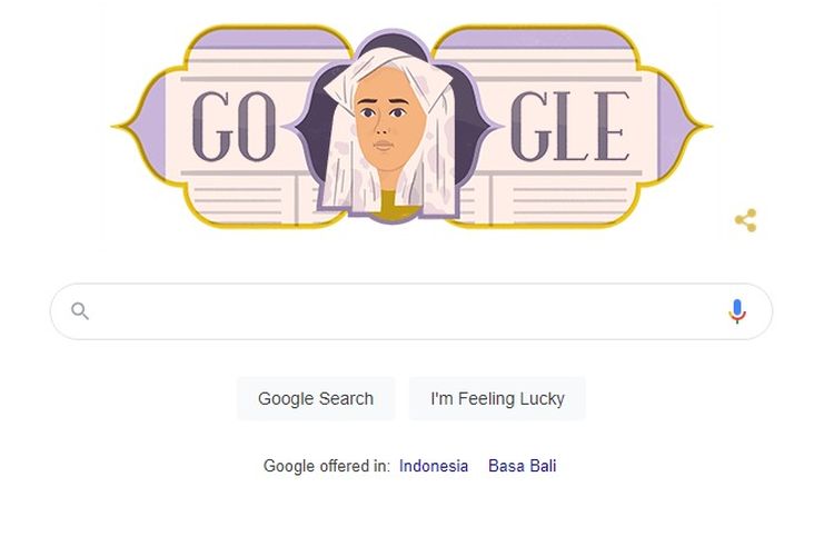 Tampilan situs pencari Google hari ini Senin (8/11/2021) yang dihiasi dengan doodle Roehana Koeddoes, jurnalis perempuan pertama Indonesia.