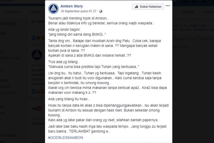 Salah satu konten di Facebook yang menyebut isu tsunami di Ambon