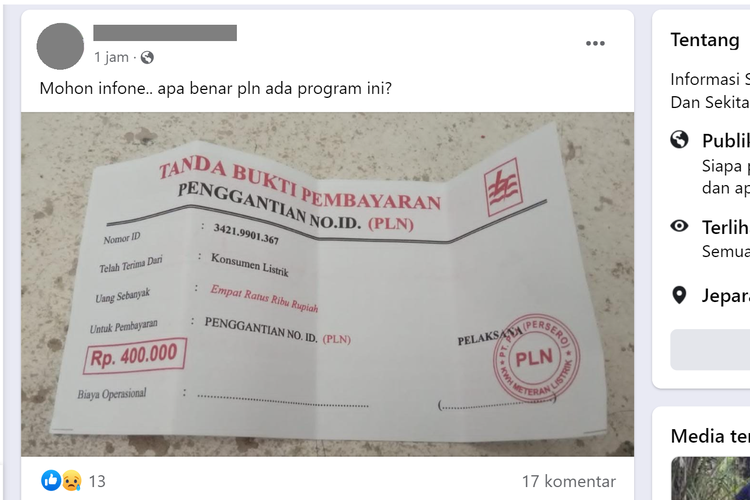 Tangkapan layar unggahan di sebuah akun Facebook, Selasa (29/8/2023), mempertanyakan sebaran kuitansi pembayaran penggantian nomor ID PLN.