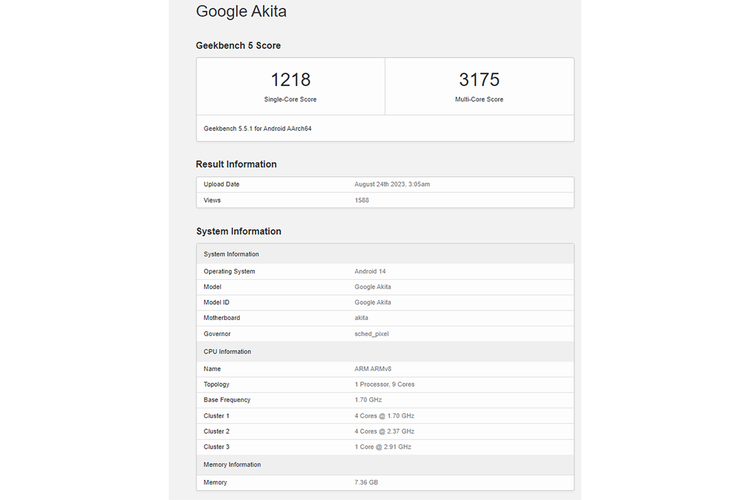 Bocoran hasil benchmark chip Tensor G3 yang ada di Google Pixel 8a