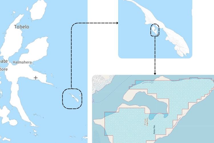 Peta konsesi tambang nikel di Pulau Fau, Gugusan Kepulauan Gebe, Halmahera Tengah, Maluku Utara. 
