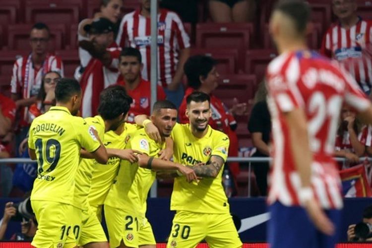 Para pemain Villarreal merayakan gol ke gawang tuan rumah Atletico Madrid dalam laga lanjutan Liga Spanyol musim 2022-2023 di Stadion Wanda Metropolitano, Madrid, Senin (22/8/2022) dini hari WIB. Laga Atletico Madrid vs Villarreal kemudian berakhir dengan skor 2-0 untuk kemenangan tim tamu.