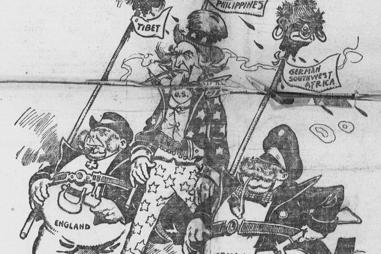 Sebuah kartun tahun 1904 oleh Bob Satterfield tentang kebrutalan yang dilakukan oleh negara-negara Barat: personifikasi dari Inggris, Amerika Serikat, dan Jerman yang membawa tombak di atasnya masing-masing dengan kepala terpenggal dari Tibet, Filipina, dan Afrika Barat Daya. Judulnya menggambarkan ini sebagai Penjaga terdepan peradaban.