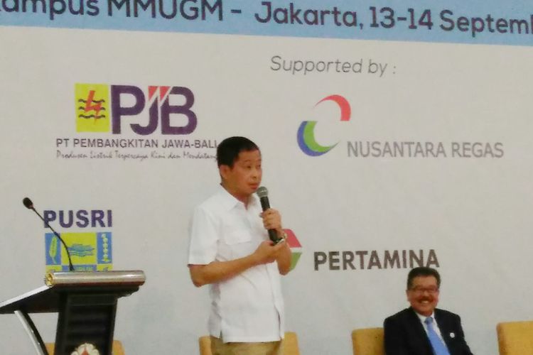 Menteri Energi dan Sumber Daya Mineral (ESDM) Ignasius Jonan saat menjadi pembicara dalam seminar di Magister Manajemen Universitas Gadjah Mada (UGM), Jakarta, Kamis (14/9/2017).