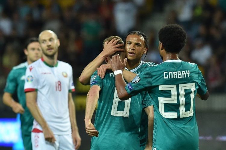 Leroy Sane merayakan gol bersama rekan-rekannya pada pertandingan Belarus vs Jerman dalam lanjutan kualifikasi Euro 2020 di Borisov Arena, 8 Juni 2019. 
