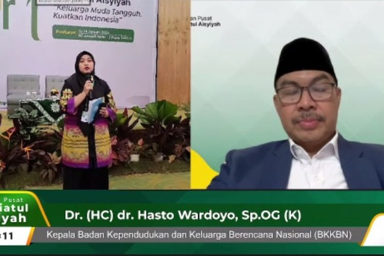 Kepala Badan Kependudukan dan Keluarga Berencana Nasional (BKKBN) dr Hasto Wardoyo saat menjadi pembicara pada Tanwir I Nasyiatul Aisyiyah secara daring, Minggu (14/1/2024). 