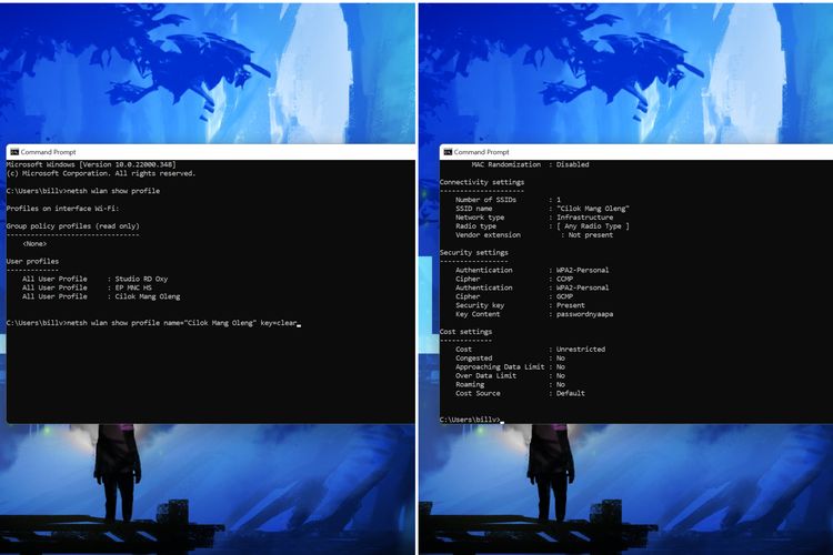 Cara melihat password WiFi di laptop Windows 10 via Command Prompt.