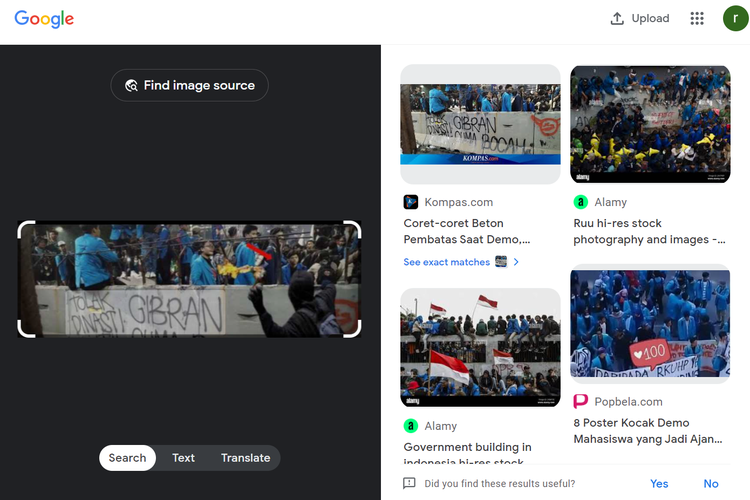 Tangkapan layar pencarian gambar di Google Lens, mengarahkan pada foto yang terdapat di artikel berita Kompas.com, 20 Oktober 2023, soal ujuk rasa mahasiswa yang menolak politik dinasti Presiden Joko Widodo