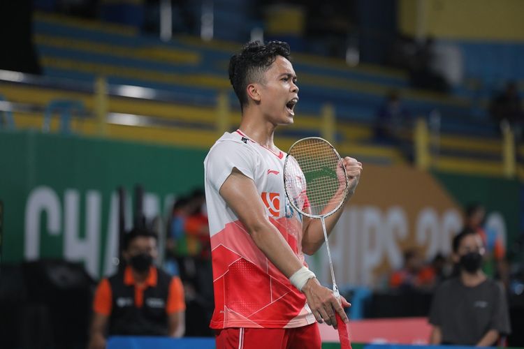 Anthony Sinisuka Ginting saat bertanding pada babak 16 besar Badminton Asia Championships atau Kejuaraan Bulu Tangkis Asia 2022 di Muntinlupa Sports Complex, Manila, Filipia, Kamis (28/4/2022). 