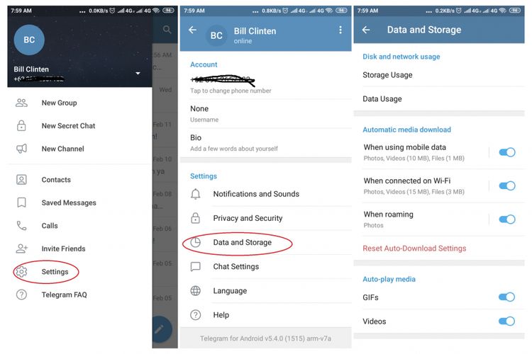 Ilustrasi menu Data and Storage di Telegram