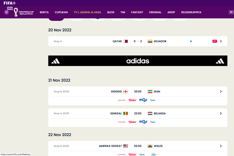 Ilustrasi website FIFA untuk cek jadwal dan hasil pertandingan Piala Dunia 2022.