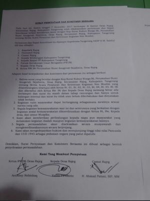 Surat kesepakatan dari hasil pertemuan membahas surat edaran tentang pengaturan kegiatan bagi warga nonmuslim di Perumahan Bumi Anugerah Sejahtera di Desa Rajeg yang viral di media sosial, Kamis (7/12/2017).