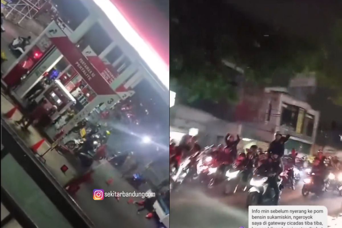Tangkap layar video aksi gerombolan remaja bermotor yang lakukan pemukulan di SPBU Bandung.
