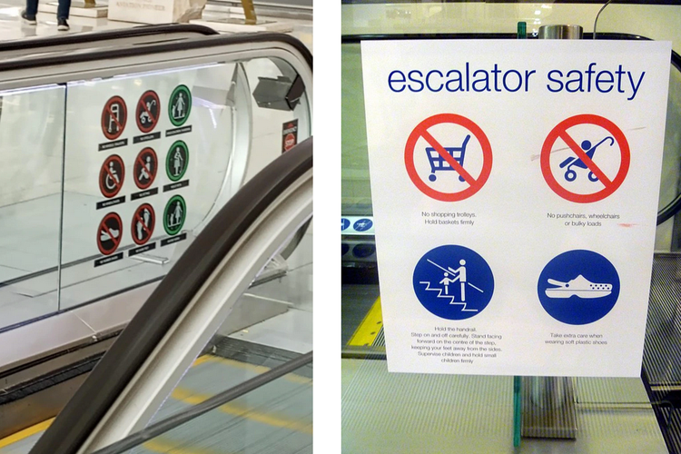 Peringatan yang terpasang di eskalator untuk tidak memakai sandal Crocs, karena adanya potensi terjepit. 