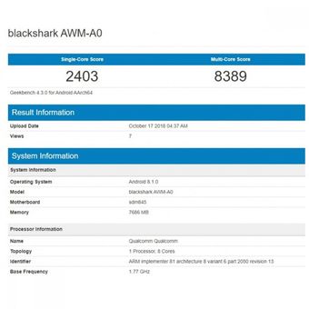 Bocoran hasil benchmark Geekbench yang disinyalir memperlihatkan skor ponsel gaming Xiaomi Black Shark 2. 