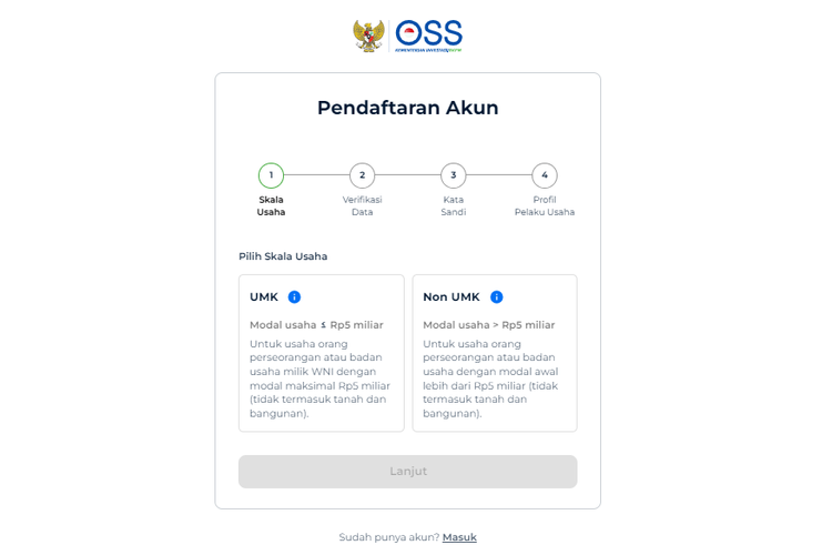 Tangkapan layar laman OSS Kementerian Investasi / BKPM siuntuk daftar NIB. Cara daftar Nomor Induk Berusaha (NIB) UKM. Cara daftar NIB UKM secara online.