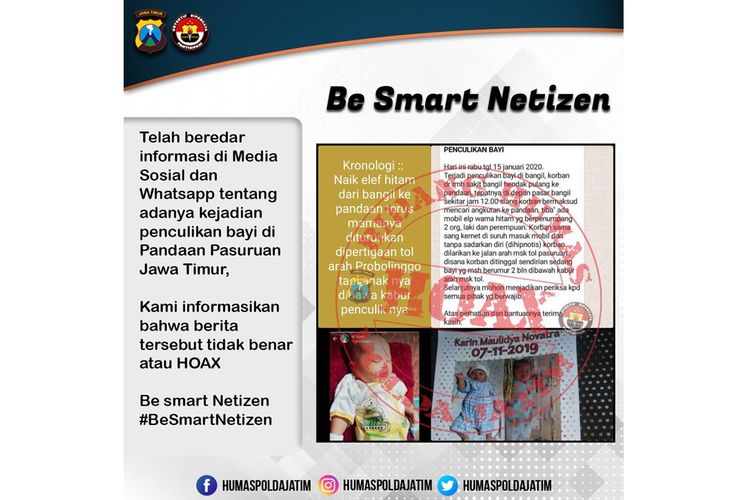Humas Polda Jatim merilis informasi penculikan bayi yang beredar di Pasuruan, Rabu (15/01/2020) merupakan hoaks.