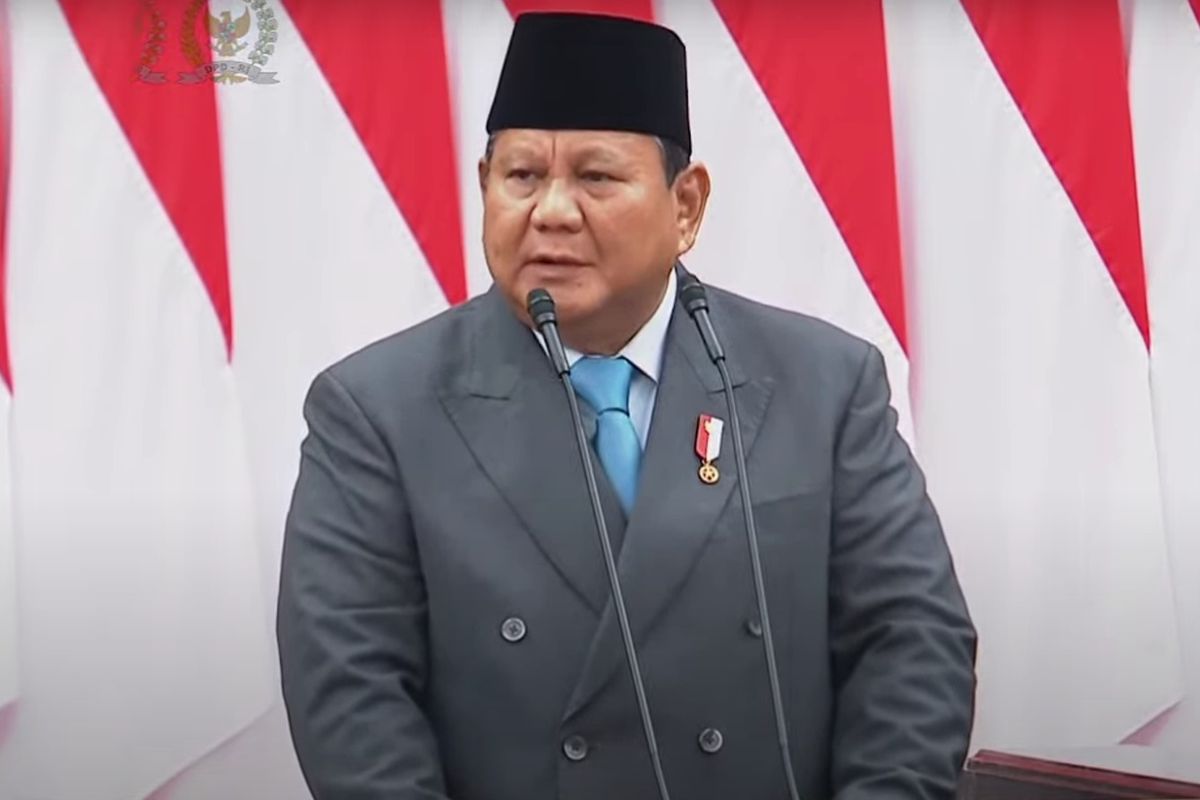 Presiden Prabowo Subianto dalam pidato kenegaraan Hari Ulang Tahun (HUT) ke-80 Kemerdekaan RI saat memberikan pidato kenegaraan saat Sidang Tahunan MPR dan Sidang Bersama DPR-DPR di Gedung DPR, Jakarta, Jumat (15/8/2025).
