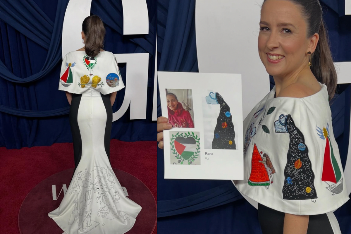 Ms Rachel tampil di Glamour Awards 2025 dengan gaun bertema gambar anak-anak Gaza, mengangkat kreativitas dan kisah mereka ke panggung internasional.