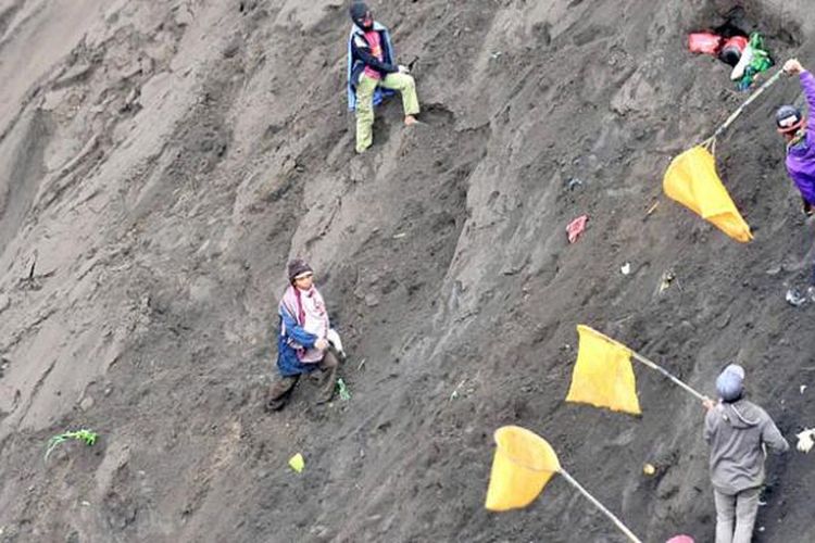 Warga luar Suku Tengger menangkap dengan jaring sesaji yang dilemparkan warga Tengger ke dalam kawah Gunung Bromo dalam puncak perayaan Yadnya Kasada di Kecamatan Sukapura, Kabupaten Probolinggo, Jawa Timur, Kamis (21/7/2016). Perayaan Yadnya Kasada sebagai ritual penghormatan leluhur dan wujud terima kasih warga Tengger atas hasil bumi tetap dilakukan walaupun Gunung Bromo berstatus Waspada.