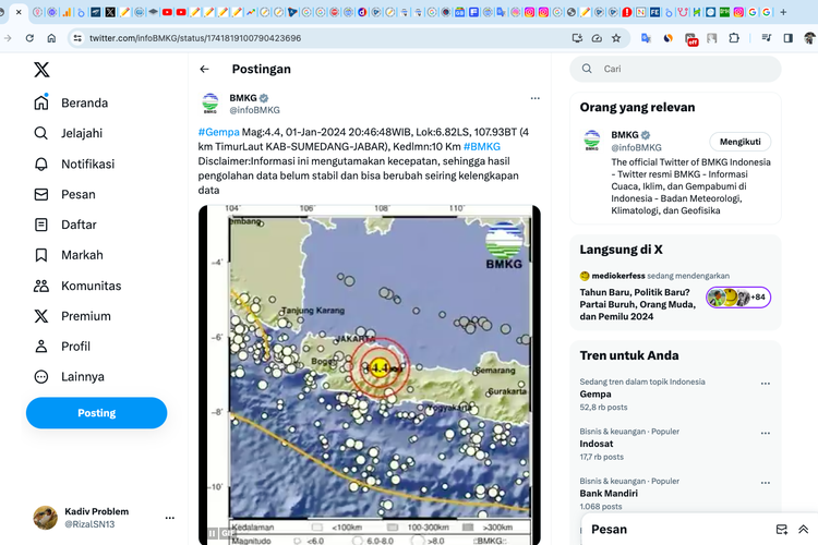 Tangkapan layar unggahan BMK terkait informasi Gempa Sumedang, Senin (1/1/2024). Gempa dilaporkan terasa hingga Bandung. 